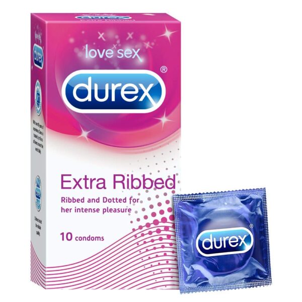 Durex Extra Ribbed Condoms for Men - 10 Count | Ribbed and Dotted for Extra Stimulation | Suitable for use with lubes and toys