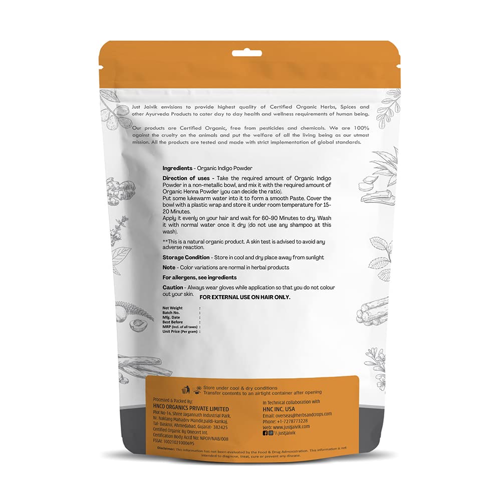 Just-Jaivik-Organic-Indigo-Powder-2.jpg Just Jaivik Organic Indigo Powder for Hair Black, 227g | Herbal Hair Colour - Image 2