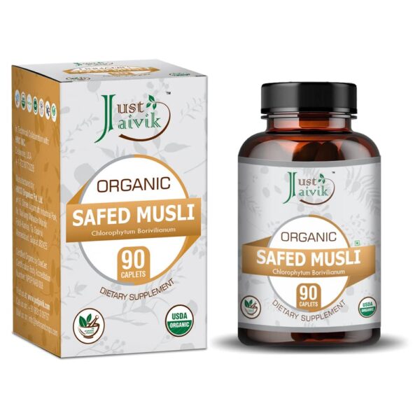 Just Jaivik Organic Safed Musli Tablets - 750mg (90 Tablets) For muscle strength, vitality, motility