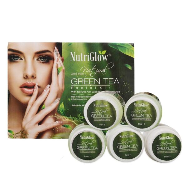 NutriGlow Green Tea Facial Kit 250gm For Deep Cleansing, Acne Prone, Oily Skin | 5-Pieces Skin Care Set