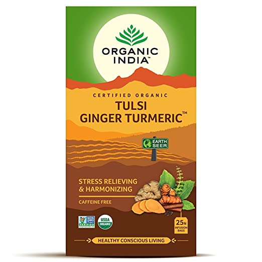 Organic India Tulsi Ginger Turmeric Tea 25 tea bags for improves immunity, boost metabolism, enhances stamina, cold, cough