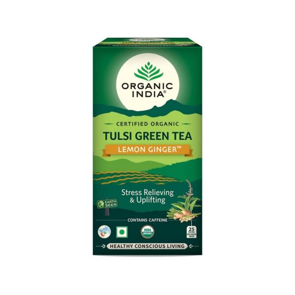 Organic India Tulsi Green Tea Lemon Ginager 25 tea bags for weight management, stress, cholesterol level