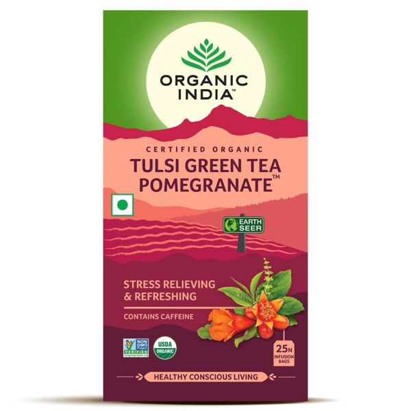 Organic India Tulsi Green Tea Pomegranate 25 tea bags for STRESS, IMMUNE SYSTEM, COLD, COUGH