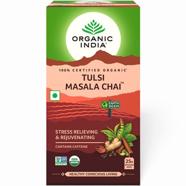 Organic India Tulsi Masala Chai 25 tea bags for stress, cough, cold, enhance strength
