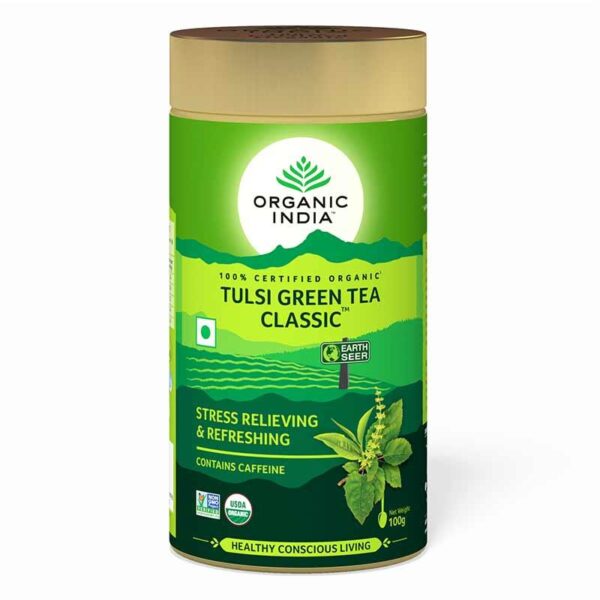 Organic India Tulsi Green Tea Classic 100 gm for cough, cold, stress, immunity