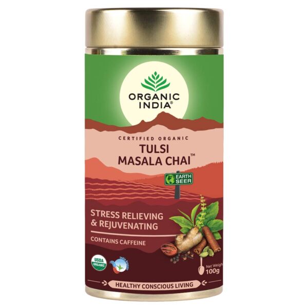 Organic India Tulsi Masala Tea 100 gm for stress, cough, cold, enhance strength