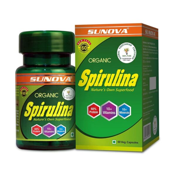 SUNOVA Organic Spirulina – 60 Capsules For immunity, stamina, reduces fatigue