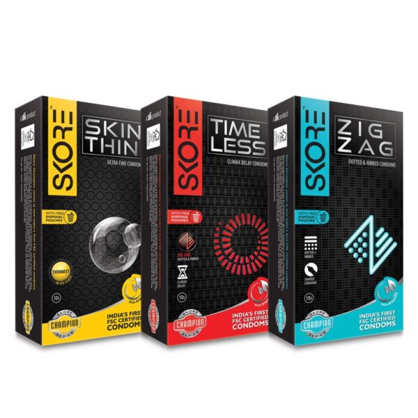 Skore Skin Thin, Timeless and Zig Zag Pleasure Condoms - 10 pieces | 3 Packs | Thinnest | Dotted and Ribbed
