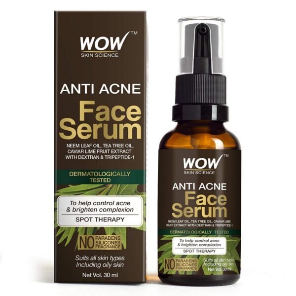 WOW Skin Science Anti Acne Face Serum - Natural Neem Leaf Oil, Tea Tree Oil, Caviar Lime Fruit Extract - Spot Therapy - No Parabens, Silicones & Fragrance - 30 ml Glass Bottle