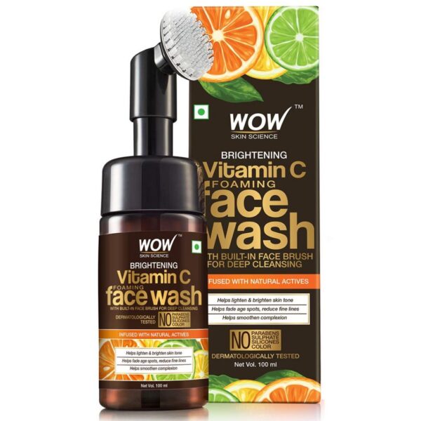 WOW Skin Science Brightening Vitamin C Foaming Face Wash with Built-In Face Brush for deep cleansing - No Parabens, Sulphate, Silicones & Color - 100 ml