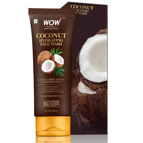 WOW Skin Science No Parabens, Sulphate, Silicones and Colour Coconut Hydrating Face Wash with Water, Aloe Leaf Extract for Clarifying, Softening and Brightening Skin for Dry/Normal Skin - 100 ml