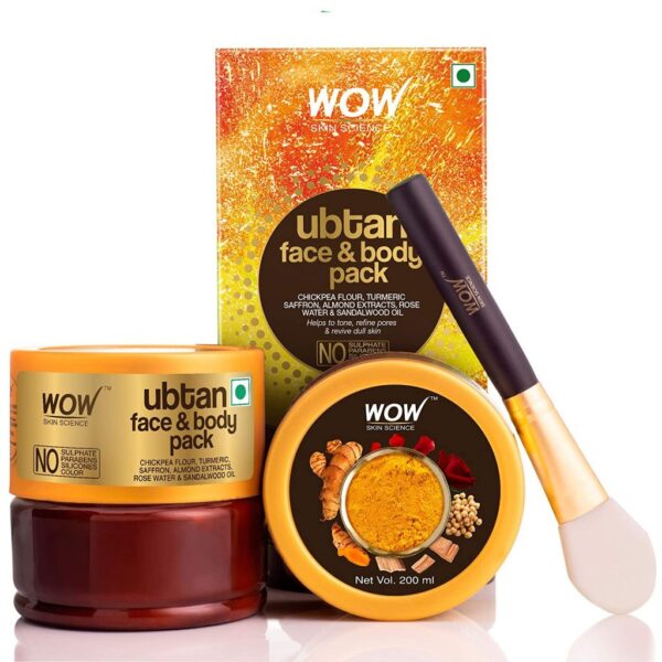 WOW Skin Science Ubtan Face & Body Pack with Chickpea Flour, Almond Shell Powder, Saffron & Turmeric Extracts, Rose Water & Sandalwood Oil - No Sulphate, Parabens, Silicones & Color - 200 ml