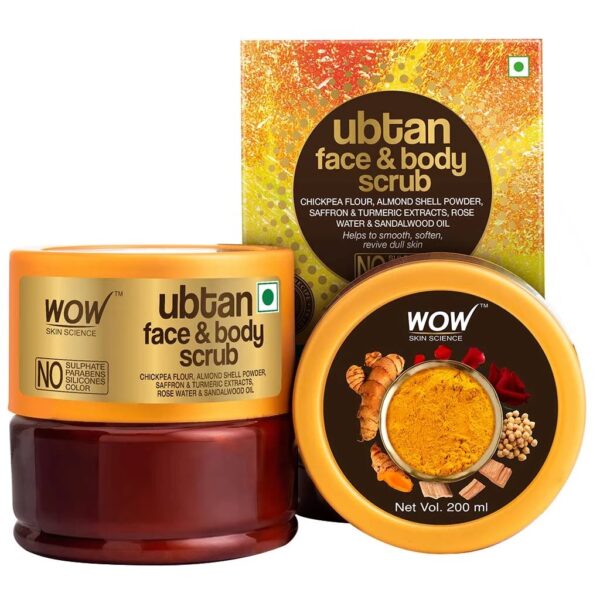 WOW Skin Science Ubtan Face & Body Scrub With Chickpea Flour, Almond Shell Powder, Saffron & Turmeric Extracts, Rose Water & Sandalwood Oil - 200 ml