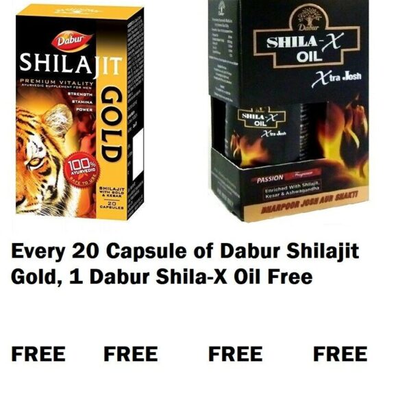 Dabur Shilajit Gold Capsule - 20 Nos. + dabur Shila-x oil free for boost stamina, strength, and energy