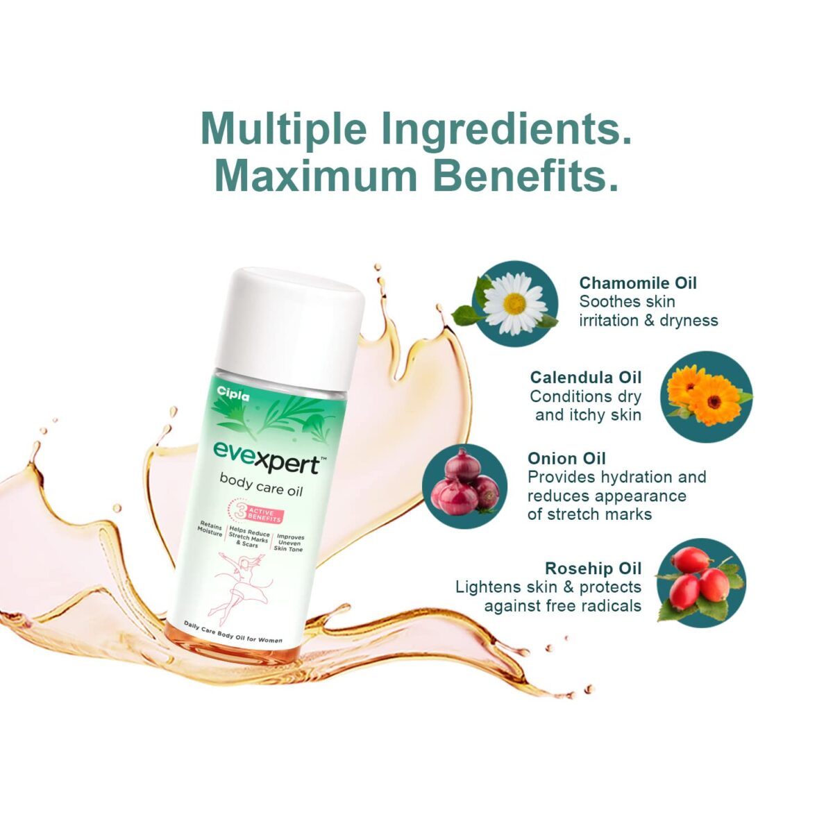 Cipla Evexpert Body Care Oil 80ml, Stretch Marks and Scars Reduction, Retains Moisture | Improves Skin Tone | Infused with natural oils - Image 3