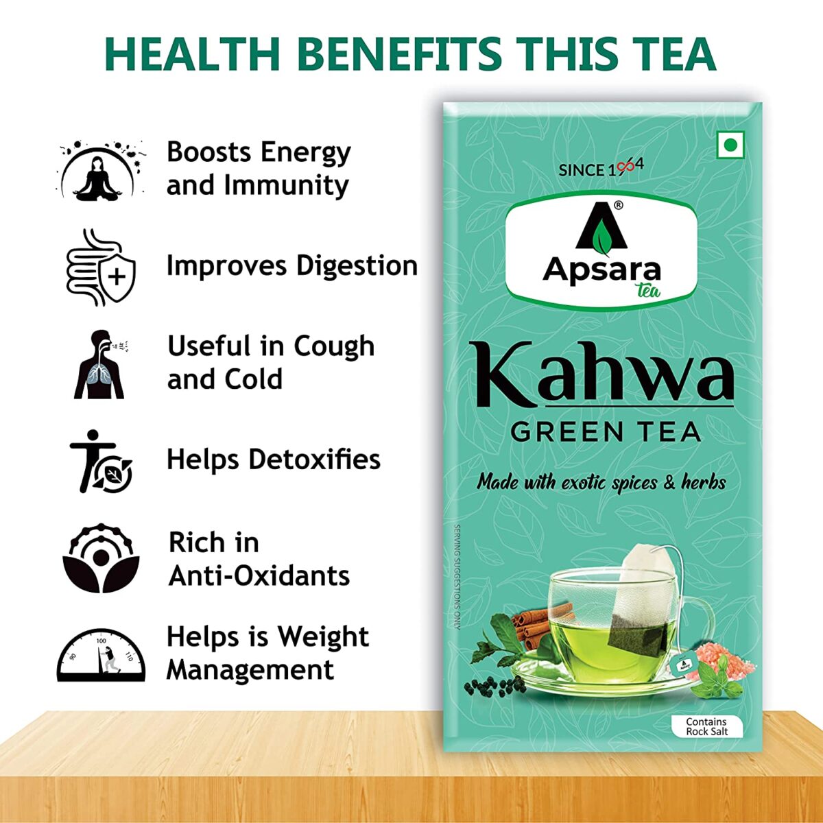 APSARA Detoxifying Green Tea Bags - 36 pcs, Spiced Kashmiri Detoxifying Kahwa Green Tea, Natural Body Cleanse & Immunity Booster with Rock Salt, Tulsi, Cardamom, Cinnamon, Black Pepper, Ashwagandha Tea - Image 4