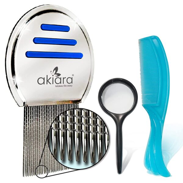 Akiara - Makes Life Easy Premium 3 Piece Lice Comb Kit - Lice and Nits Removal Comb with Fine Tooth and Magnifier Full Treatment Set Lice comb for hair.
