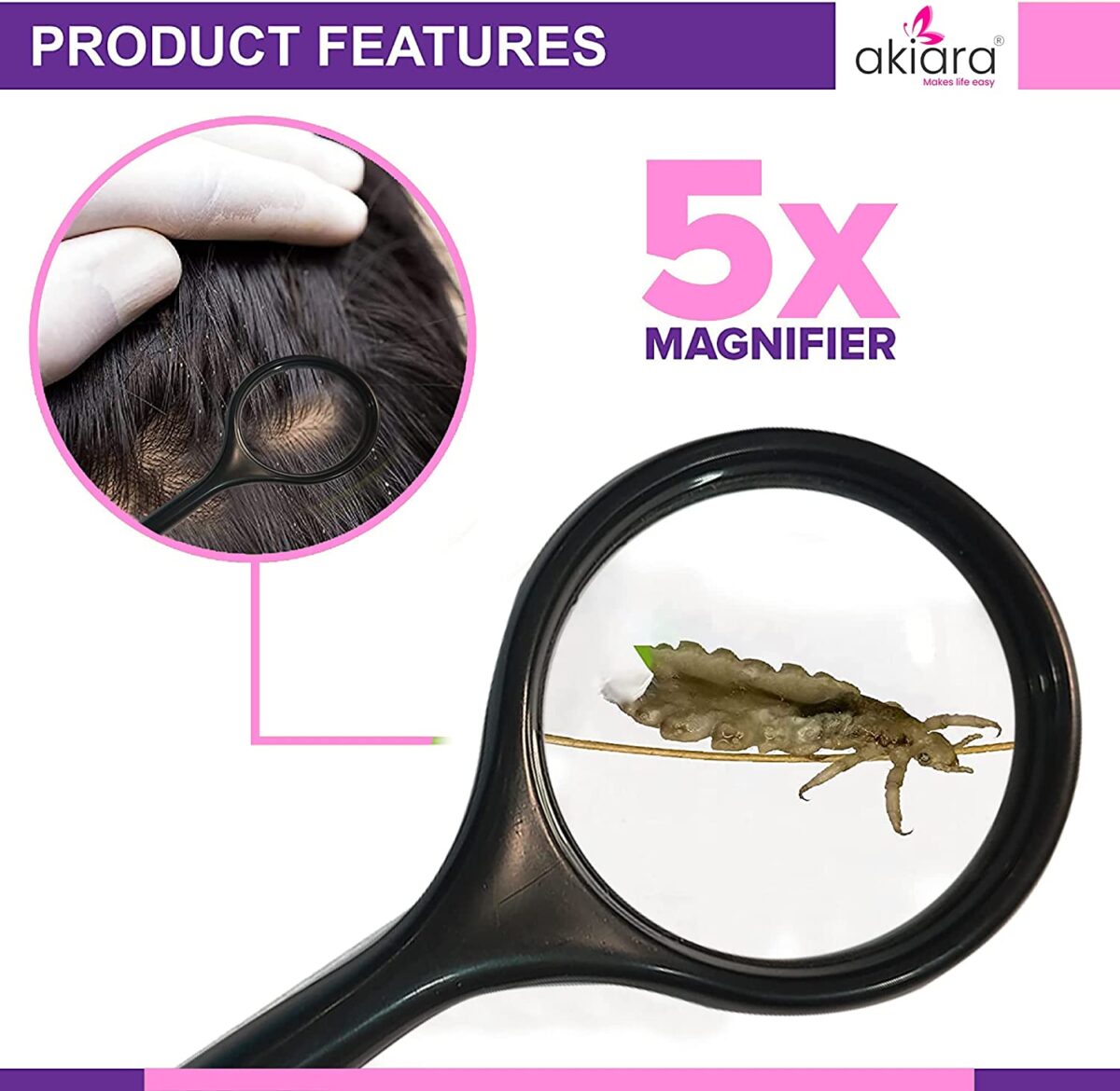 Akiara - Makes Life Easy Premium 3 Piece Lice Comb Kit - Lice and Nits Removal Comb with Fine Tooth and Magnifier Full Treatment Set Lice comb for hair. - Image 2