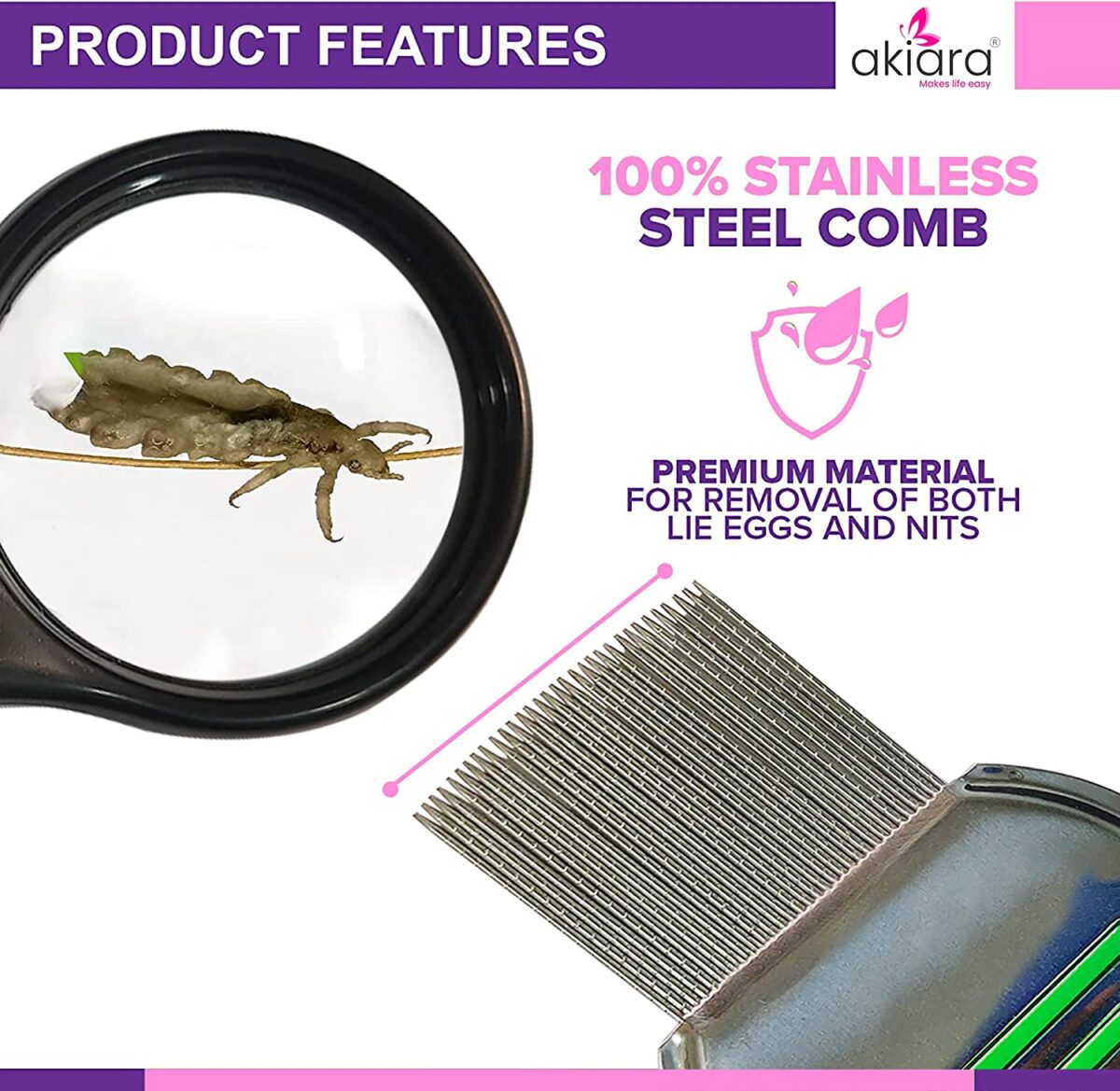 Akiara - Makes Life Easy Premium 3 Piece Lice Comb Kit - Lice and Nits Removal Comb with Fine Tooth and Magnifier Full Treatment Set Lice comb for hair. - Image 5