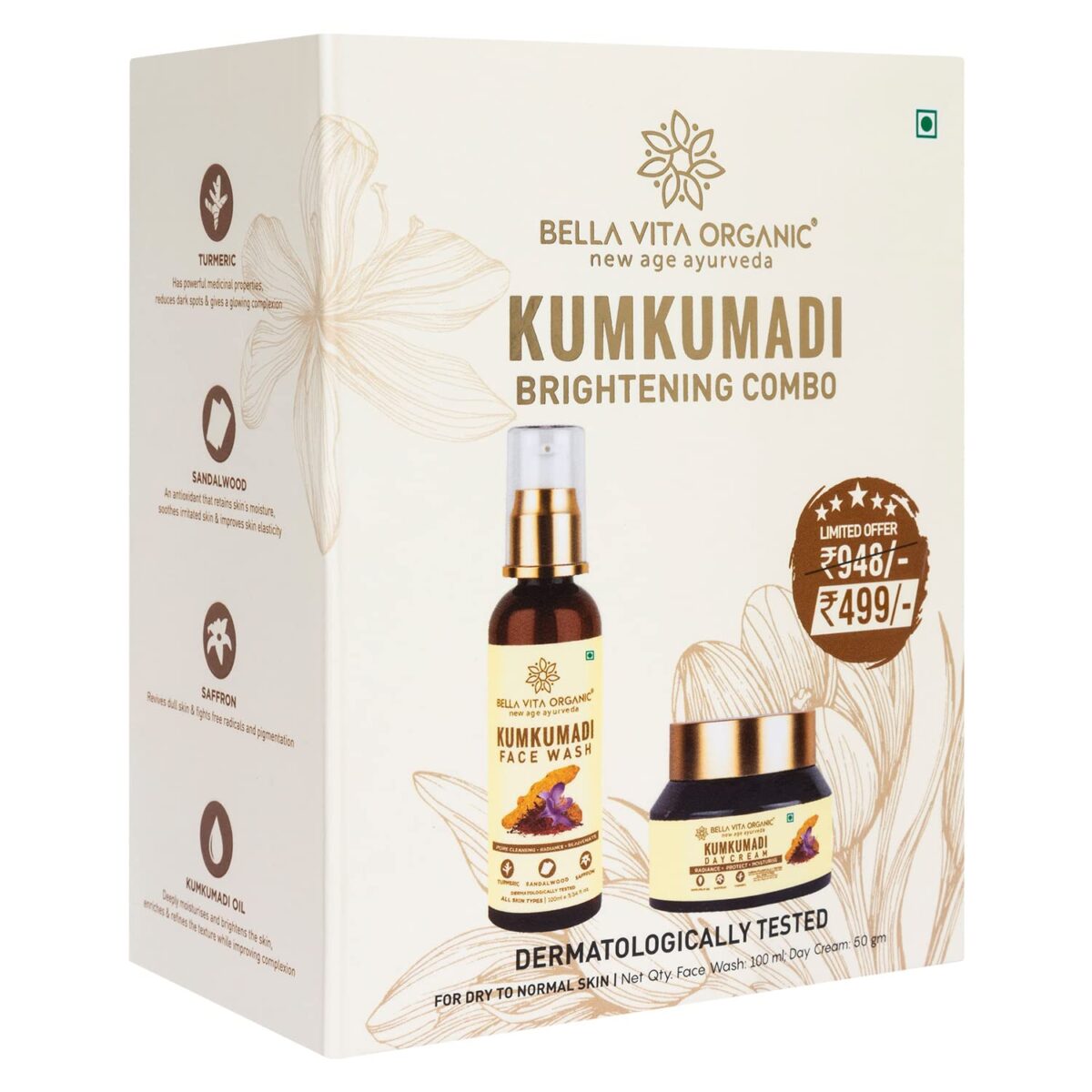 Bella Vita Organic Kumkumadi Day Care Combo Box for Healthy .1 Bella Vita Organic Kumkumadi Day Care Combo Box for Healthy, Radiant & Youthful Skin I All Skin Types I Turmeric & Sandal I Includes Face Wash 100 ml & Face Cream 50 gm - Image 1