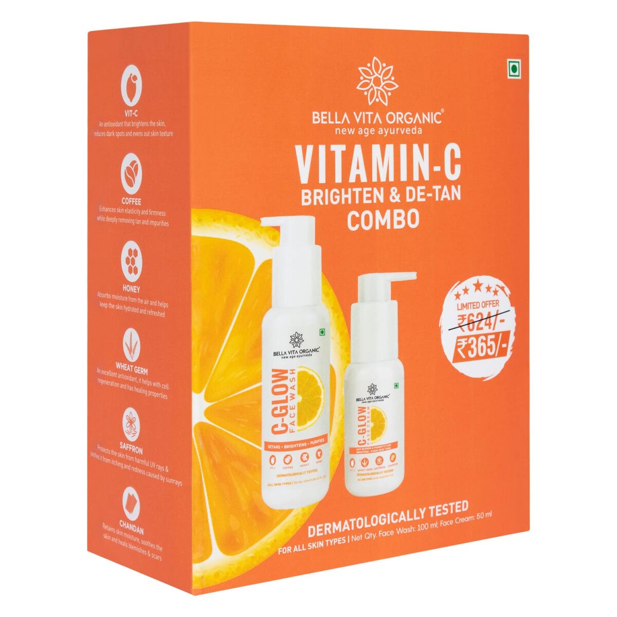 Bella Vita Organic Vitamin C Skincare Duo Box with Face Wash 100 ml and Face Cream 50 ml for Anti Pigmentation, De tan Removal, Glowing, Hydrating Skin & Even Skin Tone - Image 1