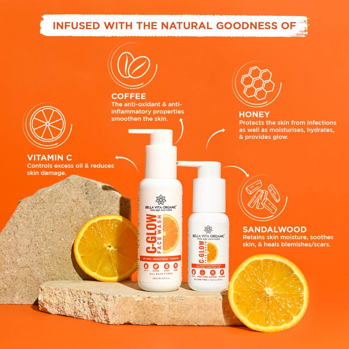 Bella Vita Organic Vitamin C Skincare Duo Box with Face Wash 100 ml and Face Cream 50 ml for Anti Pigmentation, De tan Removal, Glowing, Hydrating Skin & Even Skin Tone - Image 2