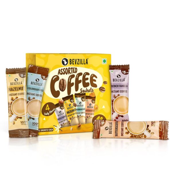 Bevzilla Instant Coffee Powder - 48 Sachets | Turkish Hazelnut, Colombian Gold, French Vanilla & English Butterscotch | 12 Sachets Each Flavour| Hot & Cold Coffee| Makes 48 Cups| 100 % Arabica Coffee| Strong Coffee| Easy To Carry| Best Coffee| Espresso, Latte, Cappuccino