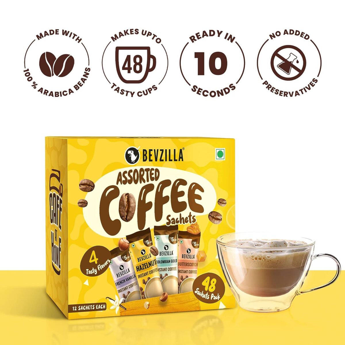 Bevzilla Instant Coffee Powder - 48 Sachets | Turkish Hazelnut, Colombian Gold, French Vanilla & English Butterscotch | 12 Sachets Each Flavour| Hot & Cold Coffee| Makes 48 Cups| 100 % Arabica Coffee| Strong Coffee| Easy To Carry| Best Coffee| Espresso, Latte, Cappuccino - Image 7