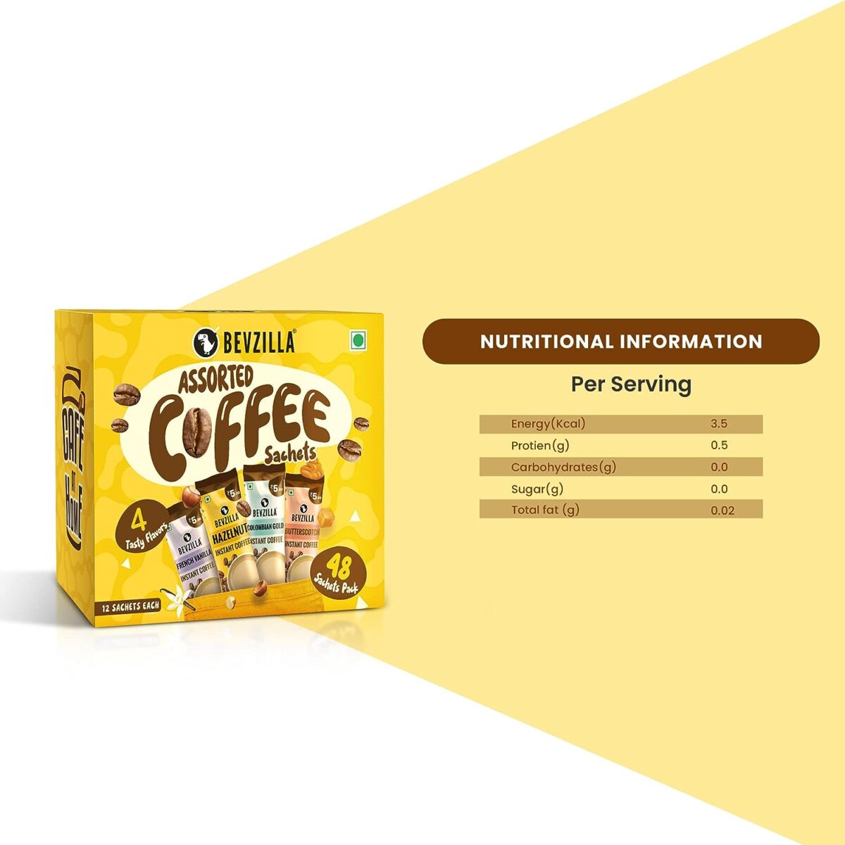 Bevzilla Instant Coffee Powder - 48 Sachets | Turkish Hazelnut, Colombian Gold, French Vanilla & English Butterscotch | 12 Sachets Each Flavour| Hot & Cold Coffee| Makes 48 Cups| 100 % Arabica Coffee| Strong Coffee| Easy To Carry| Best Coffee| Espresso, Latte, Cappuccino - Image 8