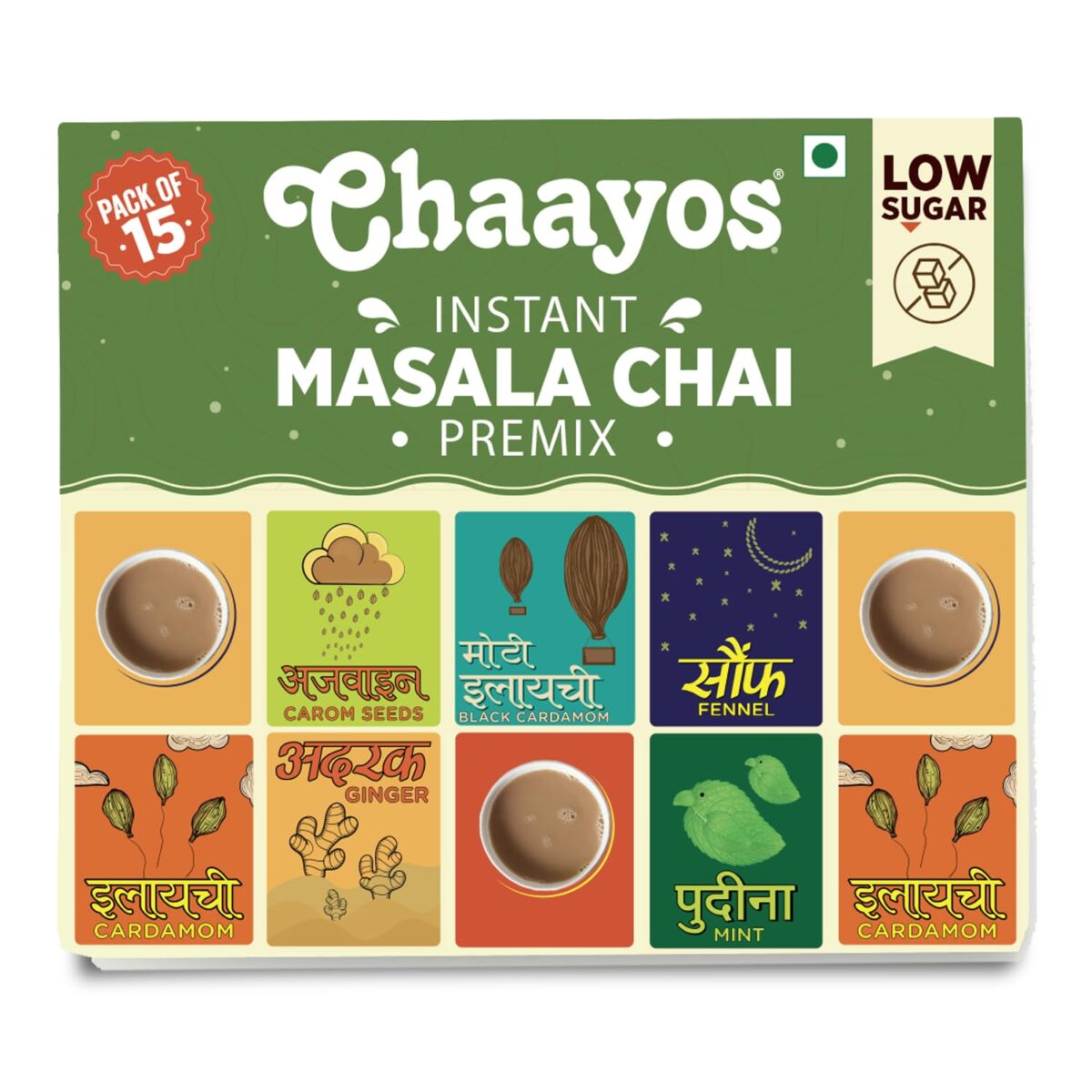Chaayos Instant Tea Premix - Regular Sugar - Masala Flavour (15 Sachets) - Image 1