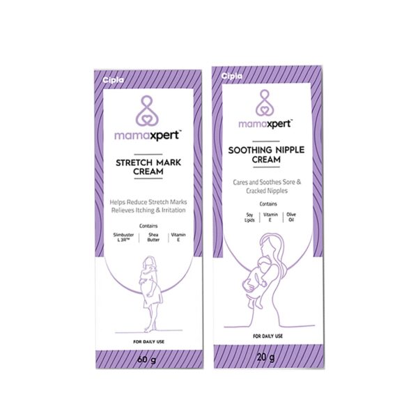 Cipla Mamaxpert Stretch Marks Removal Cream 60gm and Soothing Nipple Cream 20gm for Sore and Cracked Nipples for New Moms