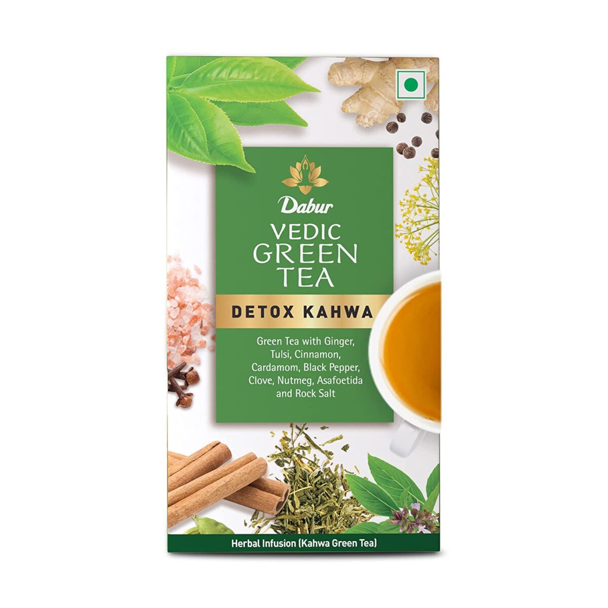 Dabur Vedic Green Tea, Detox Kahwa, 25 Teabags | 8 Real Ayurvedic Herbs and Rock Salt | Zingy, Spicy Taste | Improves Digestion - Image 1