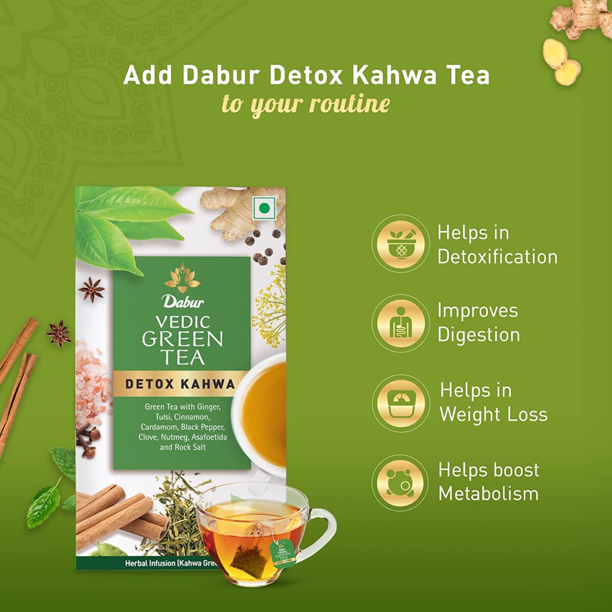 Dabur Vedic Green Tea, Detox Kahwa, 25 Teabags | 8 Real Ayurvedic Herbs and Rock Salt | Zingy, Spicy Taste | Improves Digestion - Image 4