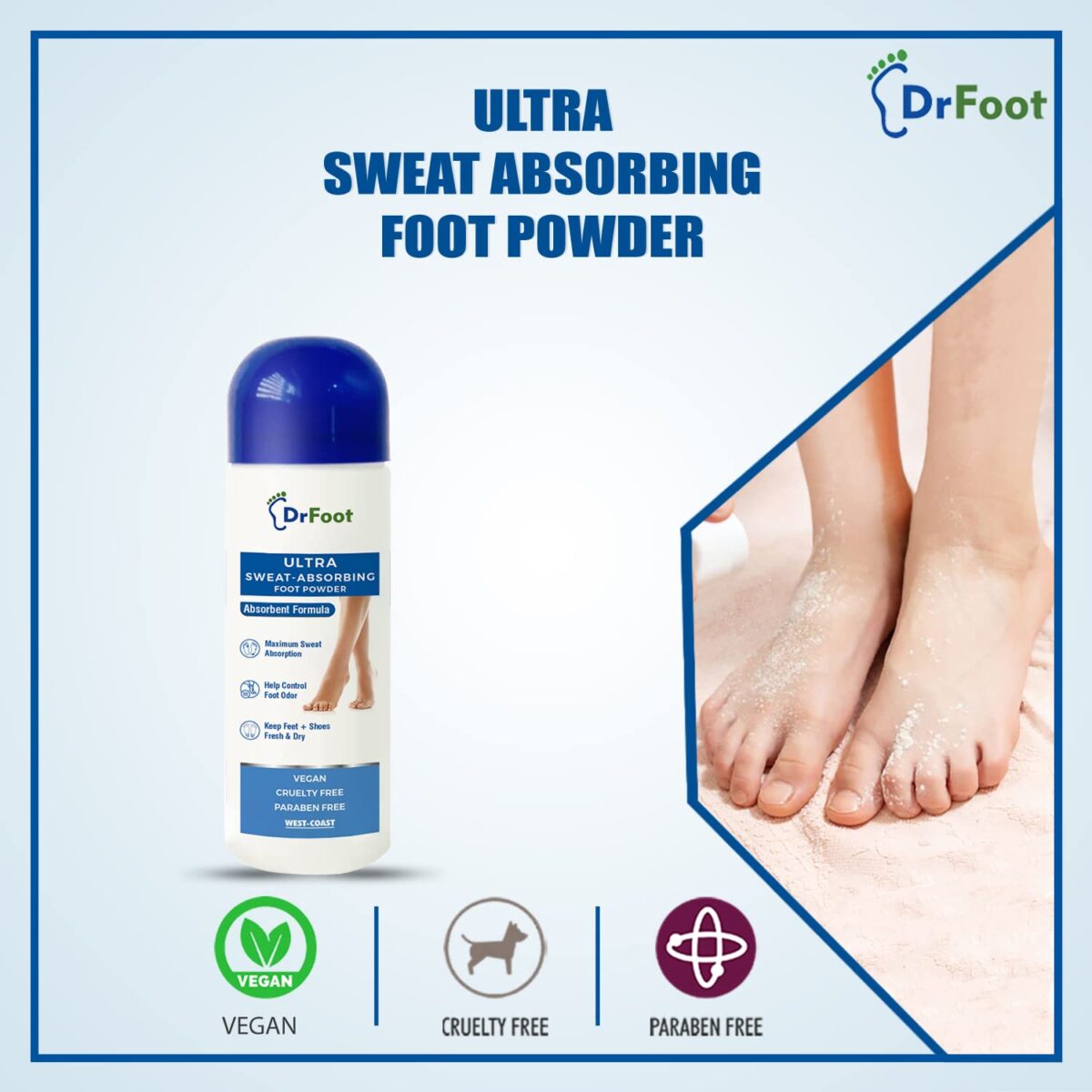 Dr Foot Ultra Sweat Absorbing Foot Powder Helps to remove Sweaty Feet with Unique Absorbent Formula with Zinc Oxide, Tricalcium Phosphate - 100 Gm - Image 2