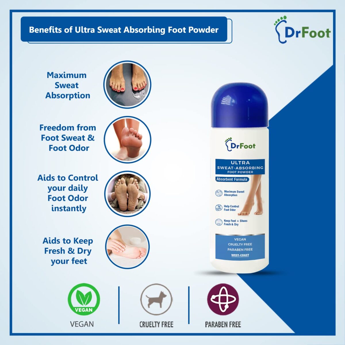 Dr Foot Ultra Sweat Absorbing Foot Powder Helps to remove Sweaty Feet with Unique Absorbent Formula with Zinc Oxide, Tricalcium Phosphate - 100 Gm - Image 3