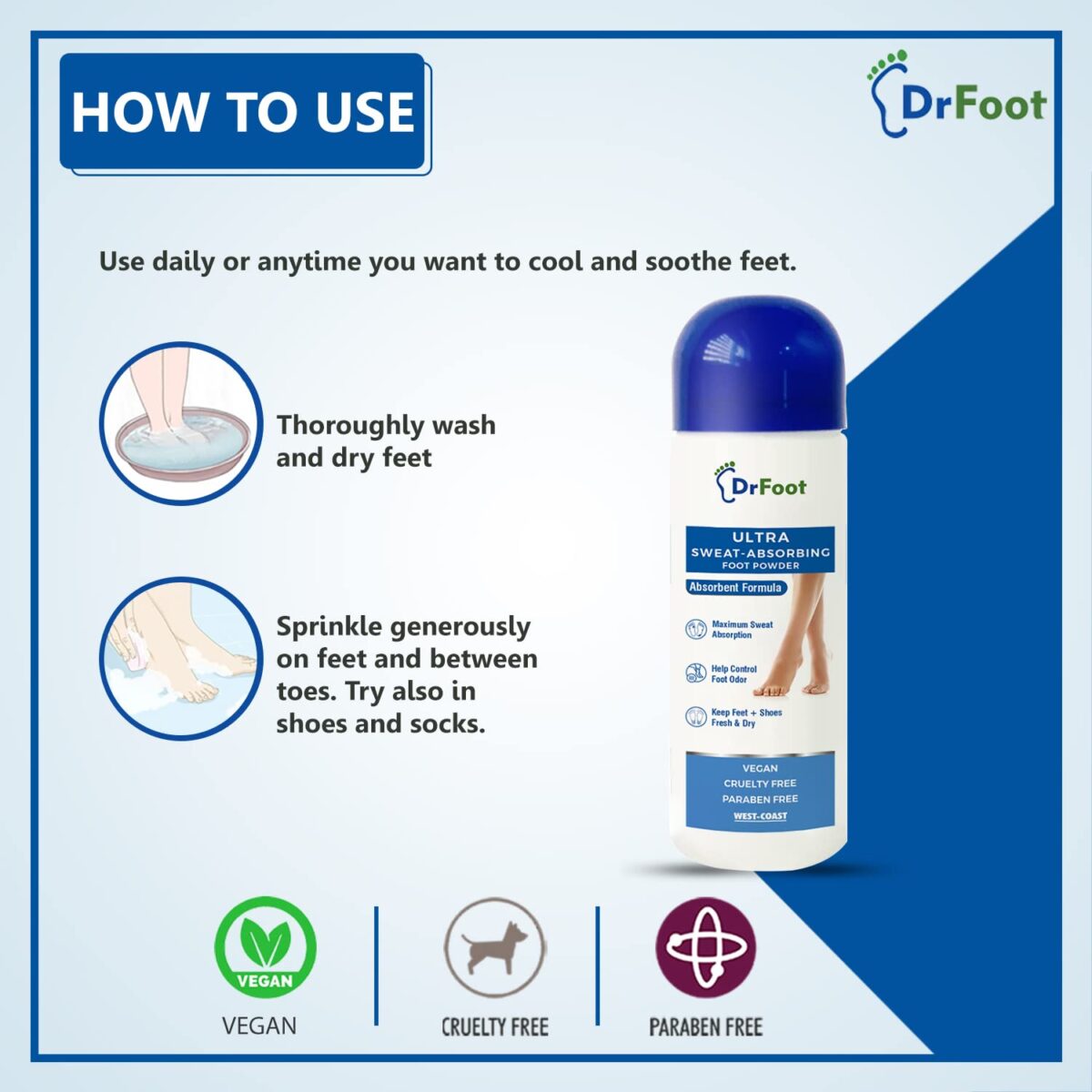 Dr Foot Ultra Sweat Absorbing Foot Powder Helps to remove Sweaty Feet with Unique Absorbent Formula with Zinc Oxide, Tricalcium Phosphate - 100 Gm - Image 4