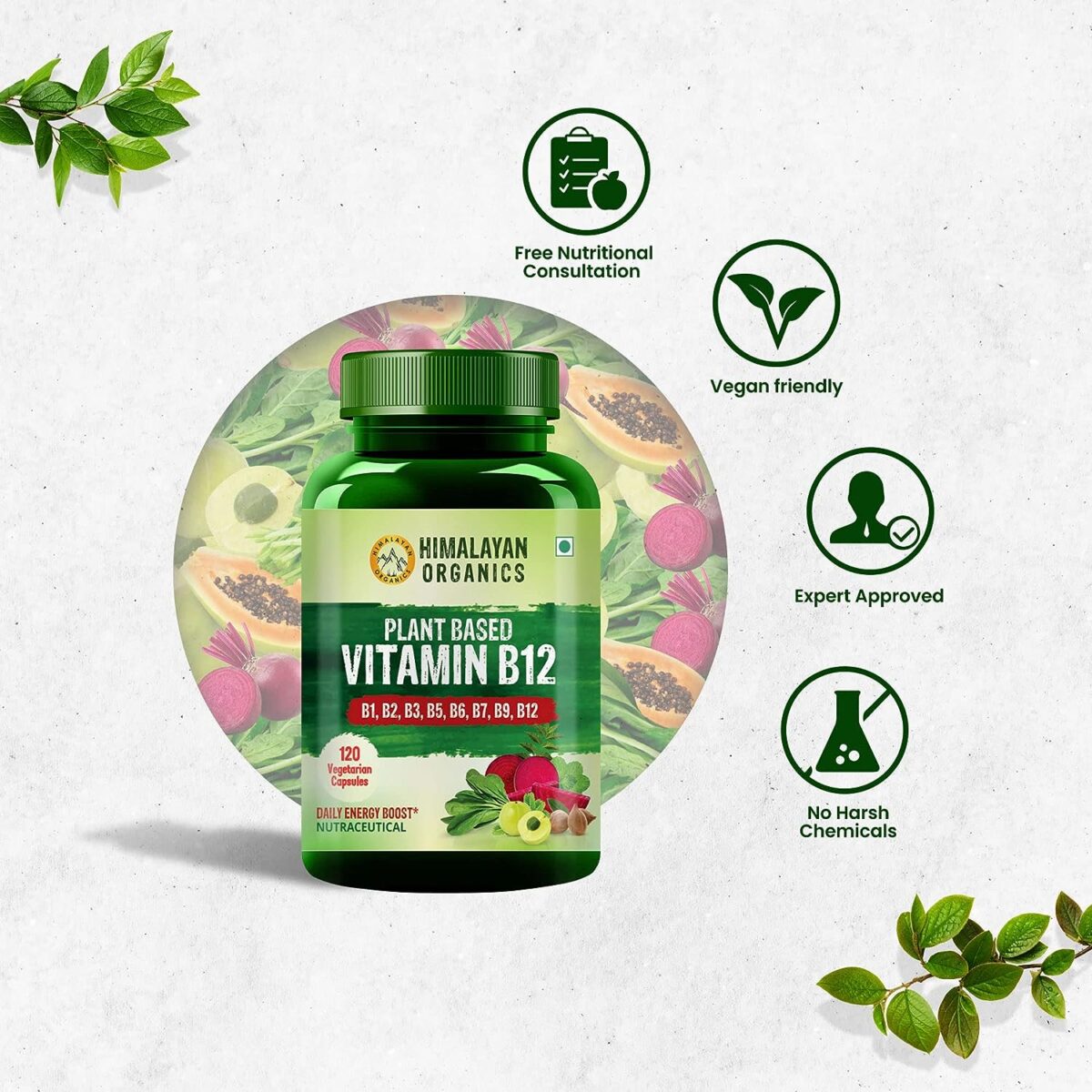 Himalayan Organics Plant Based Vitamin B-12 | Natural Wheat Grass, Moringa, Alfalfa | Boost Energy Level | Good For Nervous System & Brain Function -120 Veg Capsules - Image 5