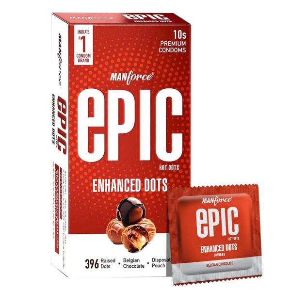 Manforce Epic Hot Dots Enhanced Dotted Premium Condoms For Men, With 396 Raised Dots, Belgian Chocolate Flavour, Disposable Pouch (10 Counts)