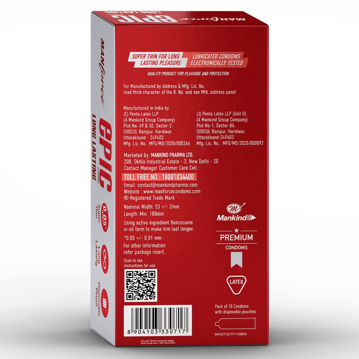 Manforce Epic Pleasure Long Lasting Premium Condoms for Men, Super Thin, Raspberry Flavour, Disposable Pouch (10 Counts) - Image 2