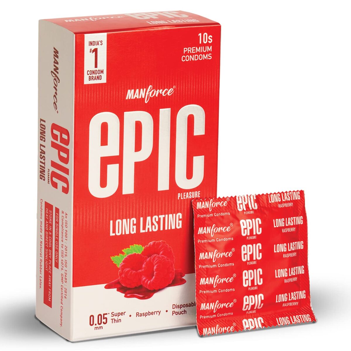 Manforce Epic Pleasure Long Lasting Premium Condoms for Men Manforce Epic Pleasure Long Lasting Premium Condoms for Men, Super Thin, Raspberry Flavour, Disposable Pouch (10 Counts) - Image 1