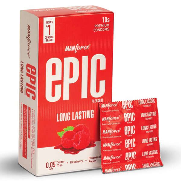 Manforce Epic Pleasure Long Lasting Premium Condoms for Men, Super Thin, Raspberry Flavour, Disposable Pouch (10 Counts)