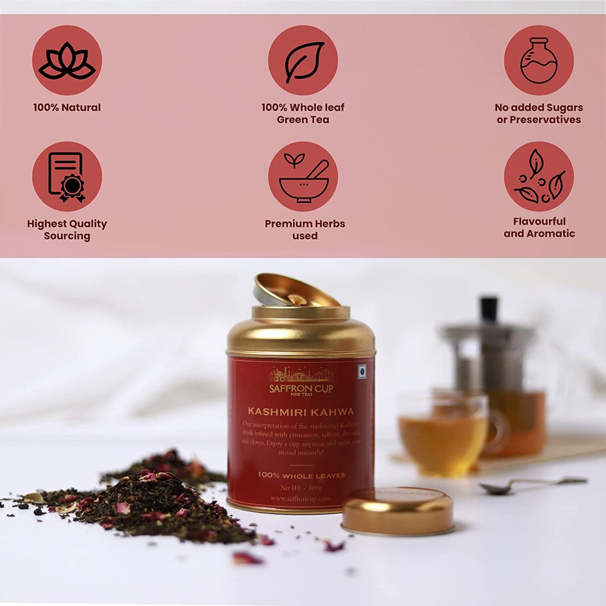 Saffron Cup | Kashmiri Kahwa | Green Tea 100 Gm ( 50 Cups) | Detox Weight Loss Tea, Stress Relief & Boost Metabolism |Blended With Almonds, Rose Petals, Cinnamon And Saffron Flavor - Image 4