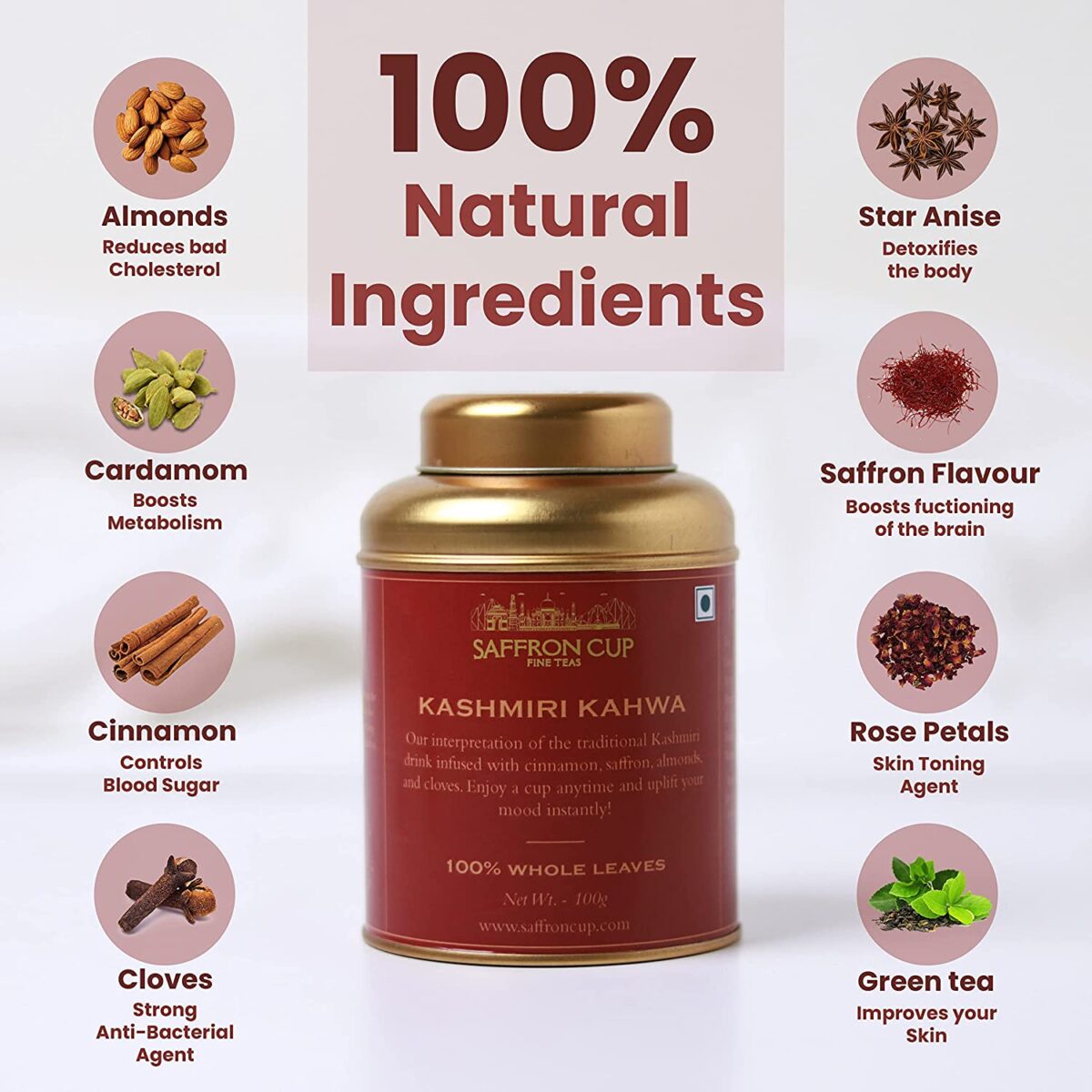 Saffron Cup | Kashmiri Kahwa | Green Tea 100 Gm ( 50 Cups) | Detox Weight Loss Tea, Stress Relief & Boost Metabolism |Blended With Almonds, Rose Petals, Cinnamon And Saffron Flavor - Image 6
