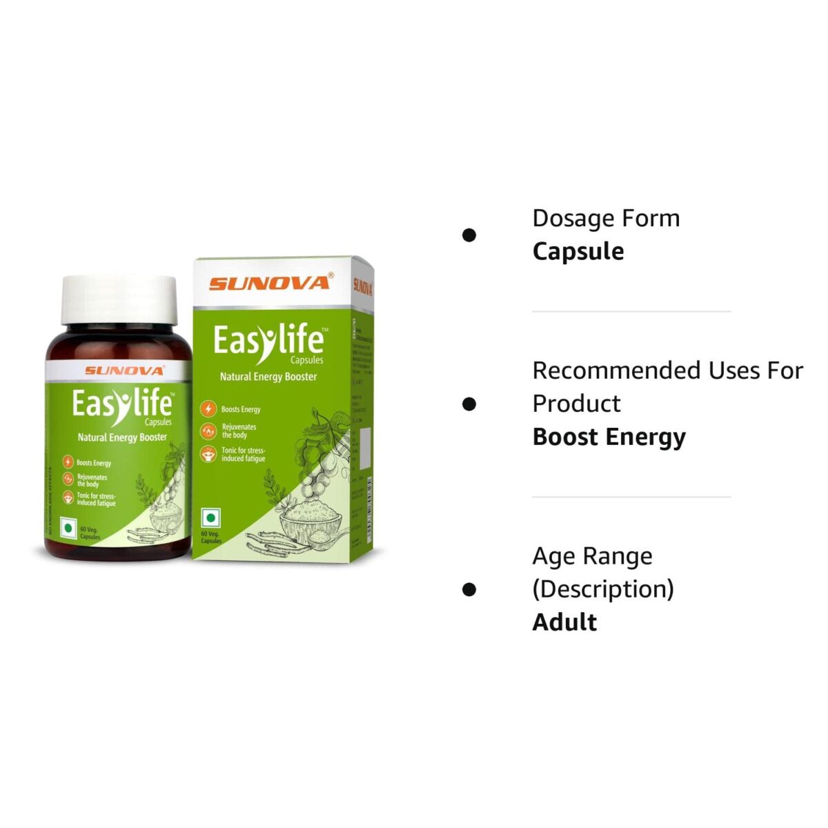 Sunova Easylife - Daily use Multivitamin , Natural Energy Booster, manages fatigue and provides energy to body (60 capsules x 2) - Image 2