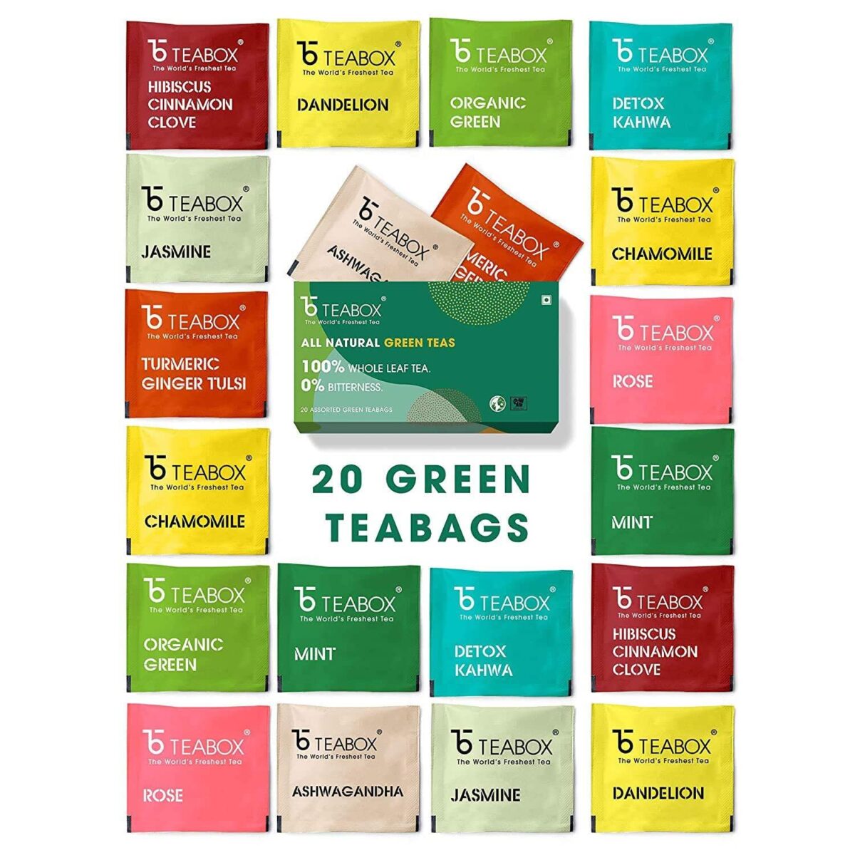 Teabox Green Tea Sampler Bags 20pcs .21 Teabox Assorted Green Tea Bags 20 pcs | 100% Natural Immunity Boosting Sampler Pack | USDA Certified Organic Green Tea | 2 Teabags of 10 Flavours Each - Image 1