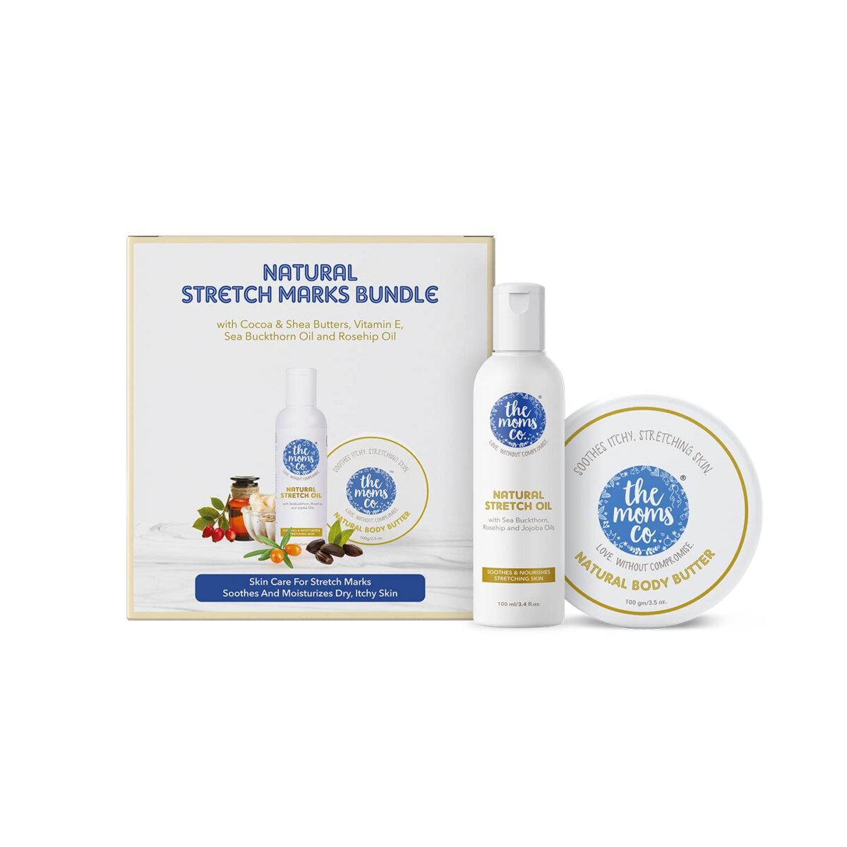 The Moms Co All Natural, Complete Care Solution for Stretch Marks for Women with 7 in 1 Natural Stretch Mark Oil (100ml) and Natural Body Butter (100g) | |Stretch Mark Oil | Stretch Mark Removal Cream - Image 1