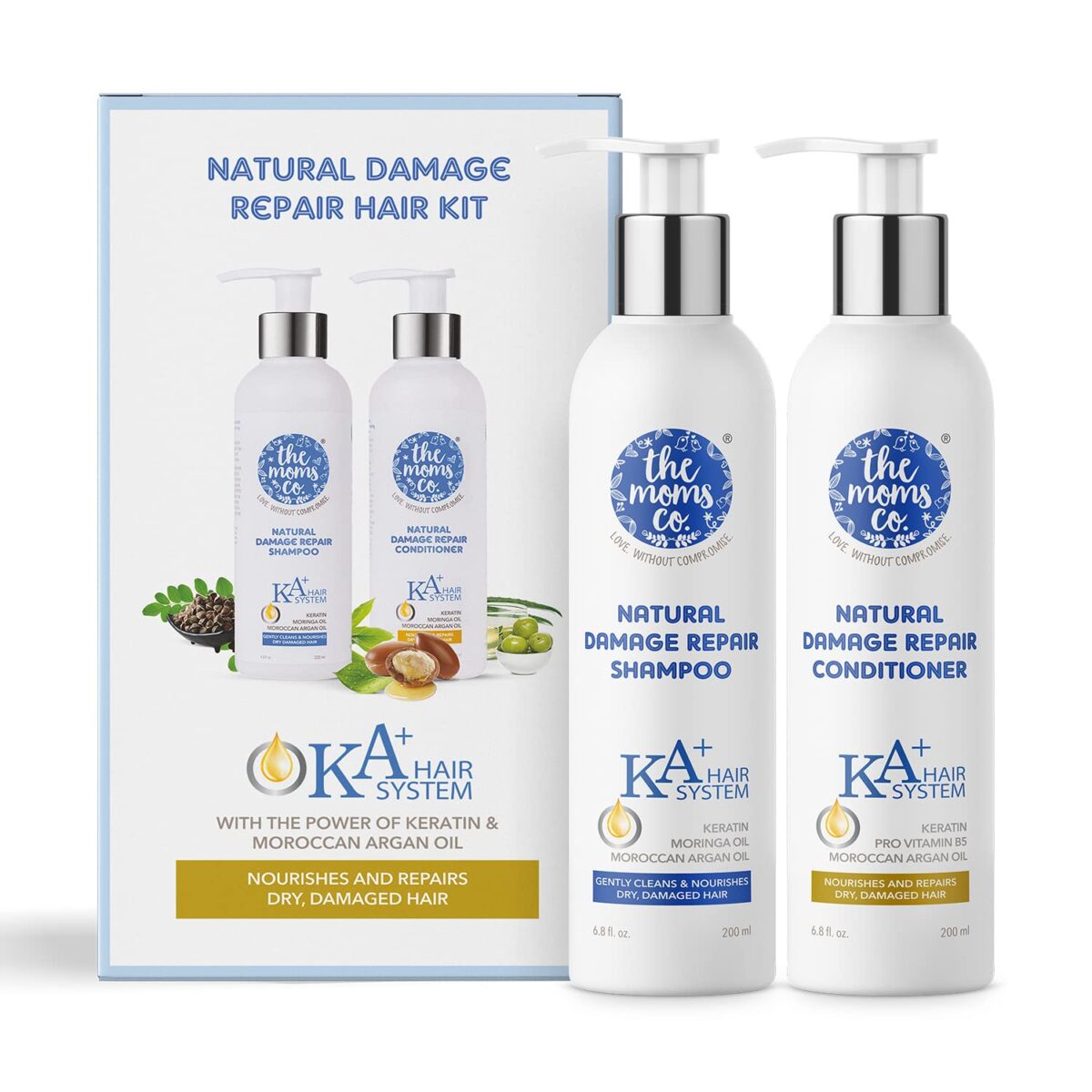 The Moms Co. Natural Damage Repair KA + Hair Care Kit with Hair Shampoo & conditioner with Keratin and Moroccan Argan Oil for Dry & Damaged Hair 400 ML - Image 1