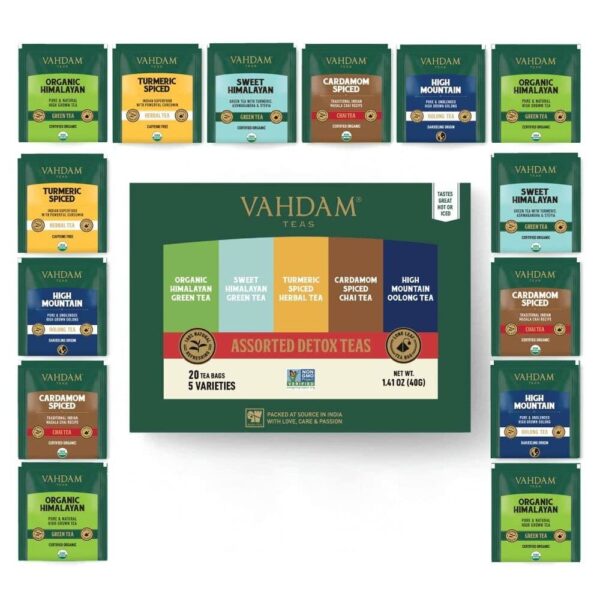 VAHDAM, Detox Tea Sampler, 5 TEAS - Tea Variety Pack | 20 Detox Tea Bags | Anti-Oxidant & Flavonoids Rich Teas for Everyday 100% Natural Detox & Cleanse | Tea Sampler Gift Set | Father's Day Gifts