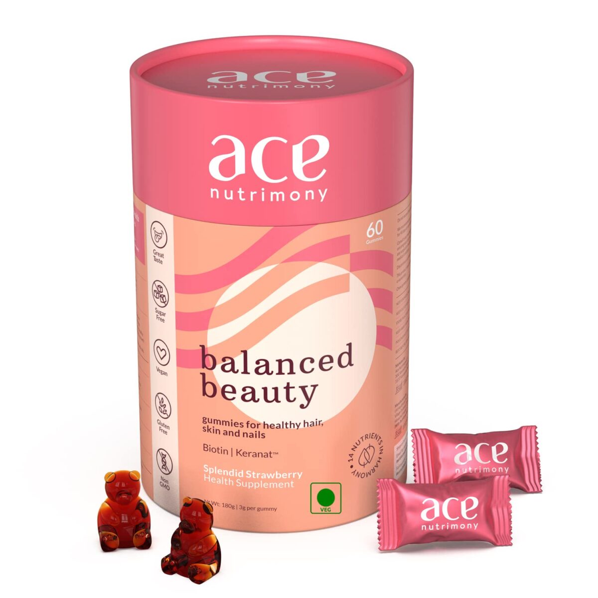 Ace Nutrimony Biotin Gummies for Hair Growth, Glowing Skin & Strong Nails with Keranat .1 Ace Nutrimony Biotin Gummies for Hair Growth, Glowing Skin & Strong Nails with Keranat -Clinically proven Ingredient, Beauty Hair Gummies for Women & Men with Multivitamin, Sugar Free -30 Days Pack (60 Gummies) - Image 1