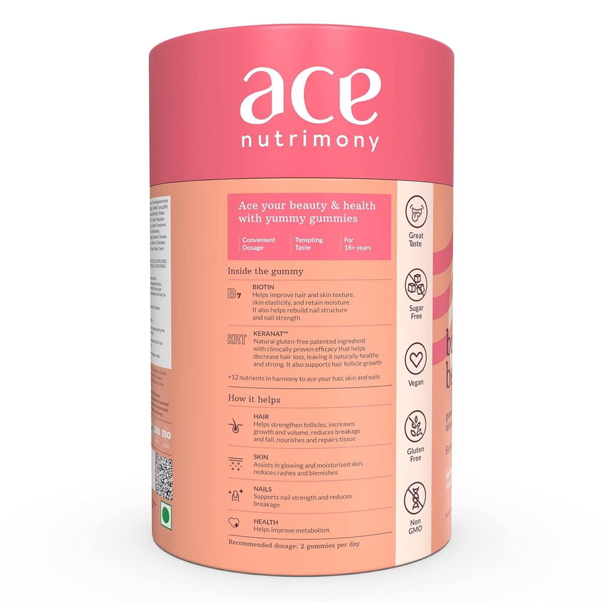 Ace Nutrimony Biotin Gummies for Hair Growth, Glowing Skin & Strong Nails with Keranat -Clinically proven Ingredient, Beauty Hair Gummies for Women & Men with Multivitamin, Sugar Free -30 Days Pack (60 Gummies) - Image 8